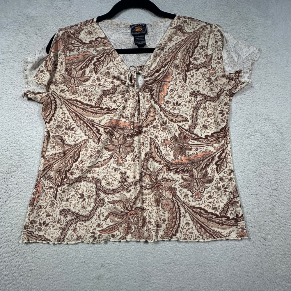 Vintage Y2K Route 66 Paisley Top Womens L Brown Lettuce Edge Tie Front Boho VTG